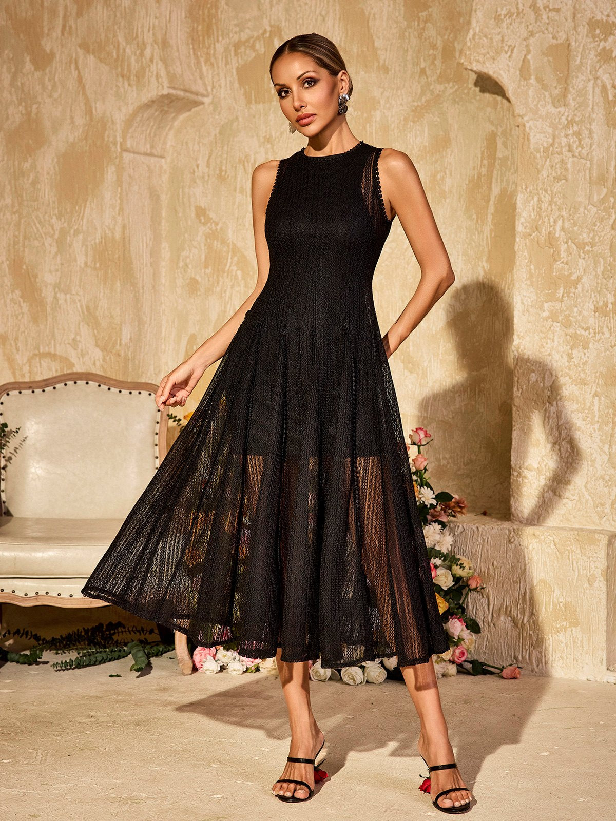 Sleeveless Knitted Midi Dress In Black
