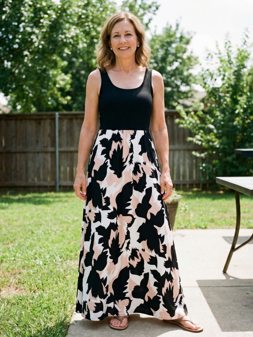Black Scoop Neck Sleeveless Printed Flowy A-Line Maxi Dress