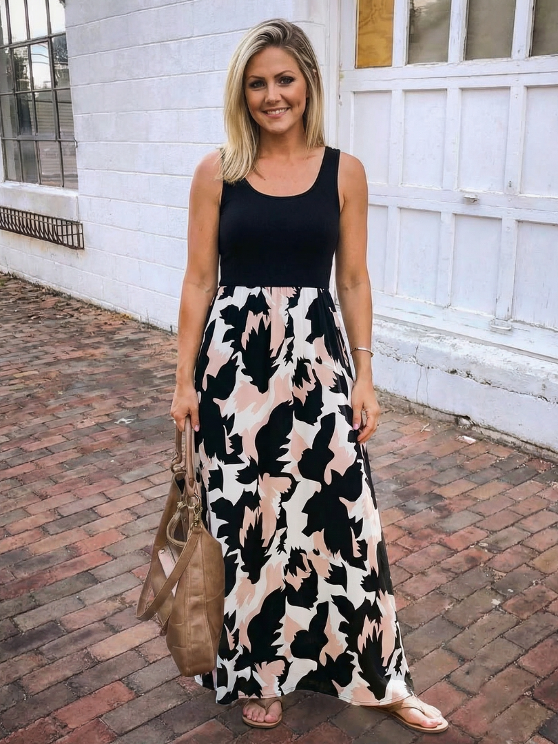 Black Scoop Neck Sleeveless Printed Flowy A-Line Maxi Dress