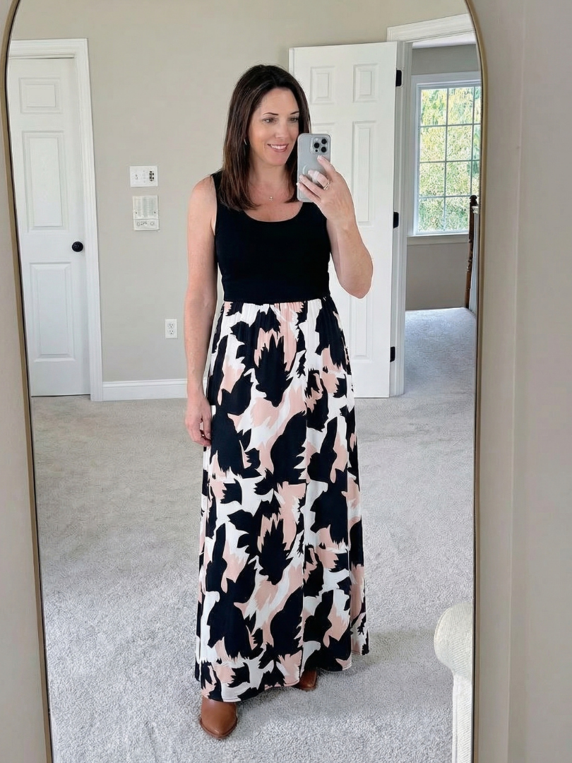 Black Scoop Neck Sleeveless Printed Flowy A-Line Maxi Dress