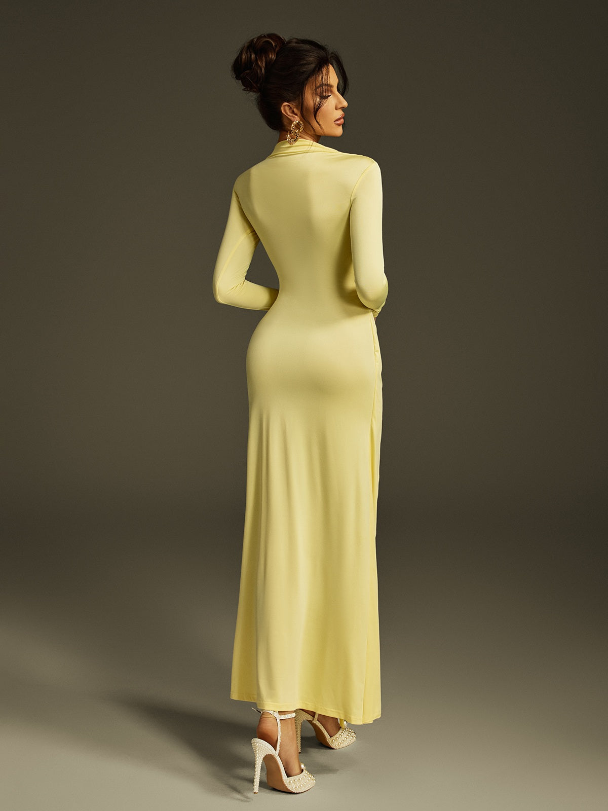 Long Sleeve Draped Maxi Dress In Butter Yellow