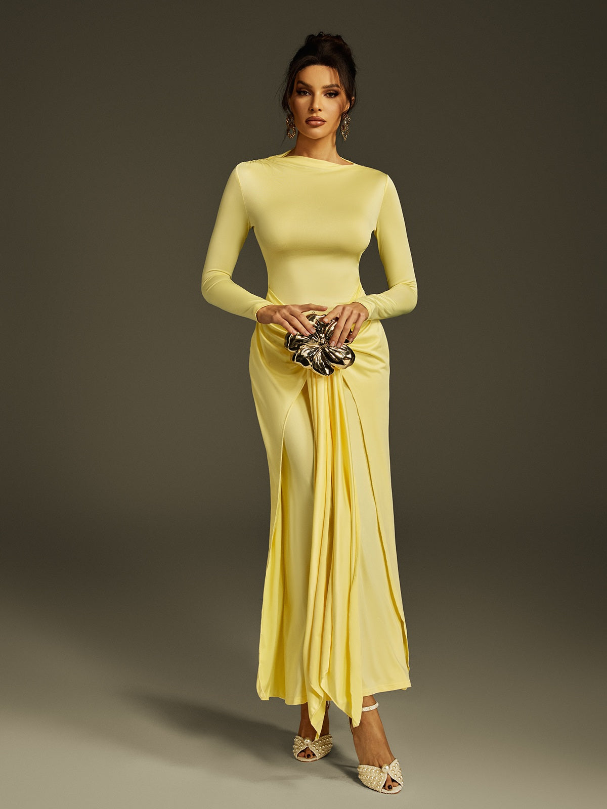 Long Sleeve Draped Maxi Dress In Butter Yellow