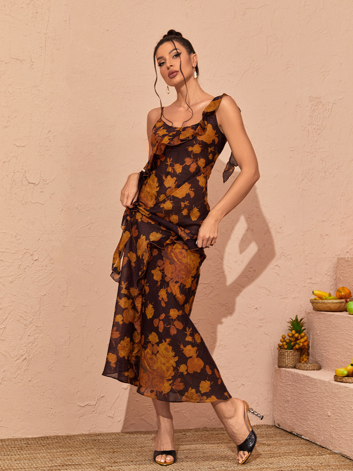 Spaghetti Strap Cowl Neck Floral Ruffle Chiffon Maxi Dress