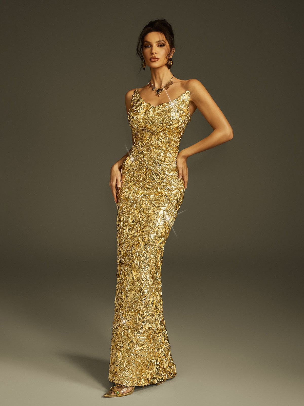 Strapless Foil Split Maxi Dress