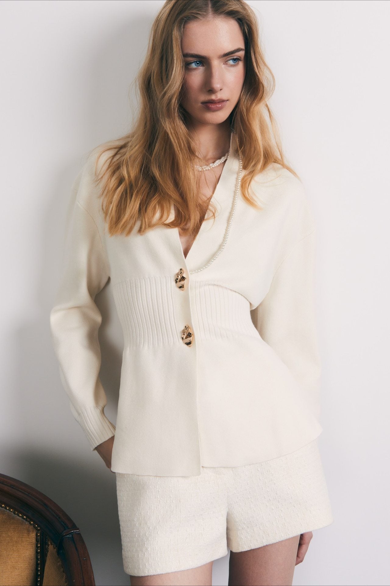 V Neck Long Sleeve Metal Button Split Hem Cardigan