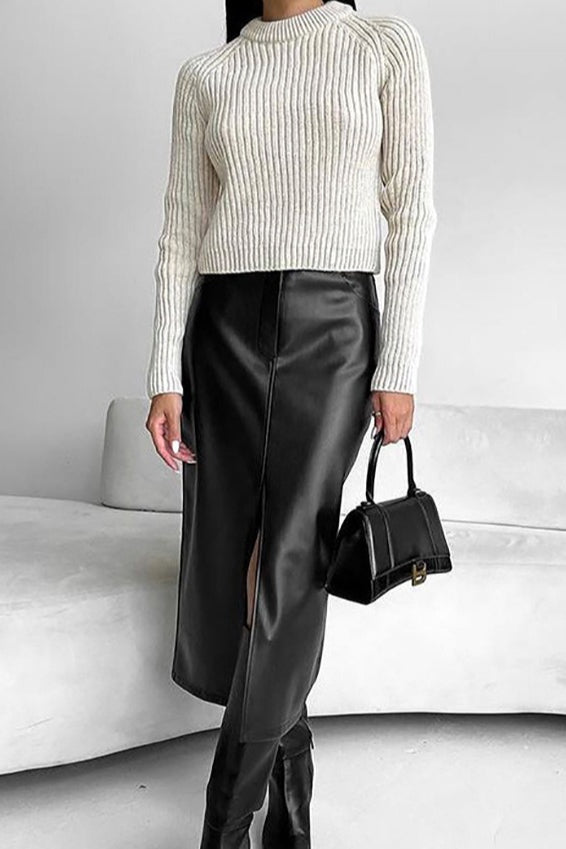 Faux Leather Fleece High-Slit Skirt