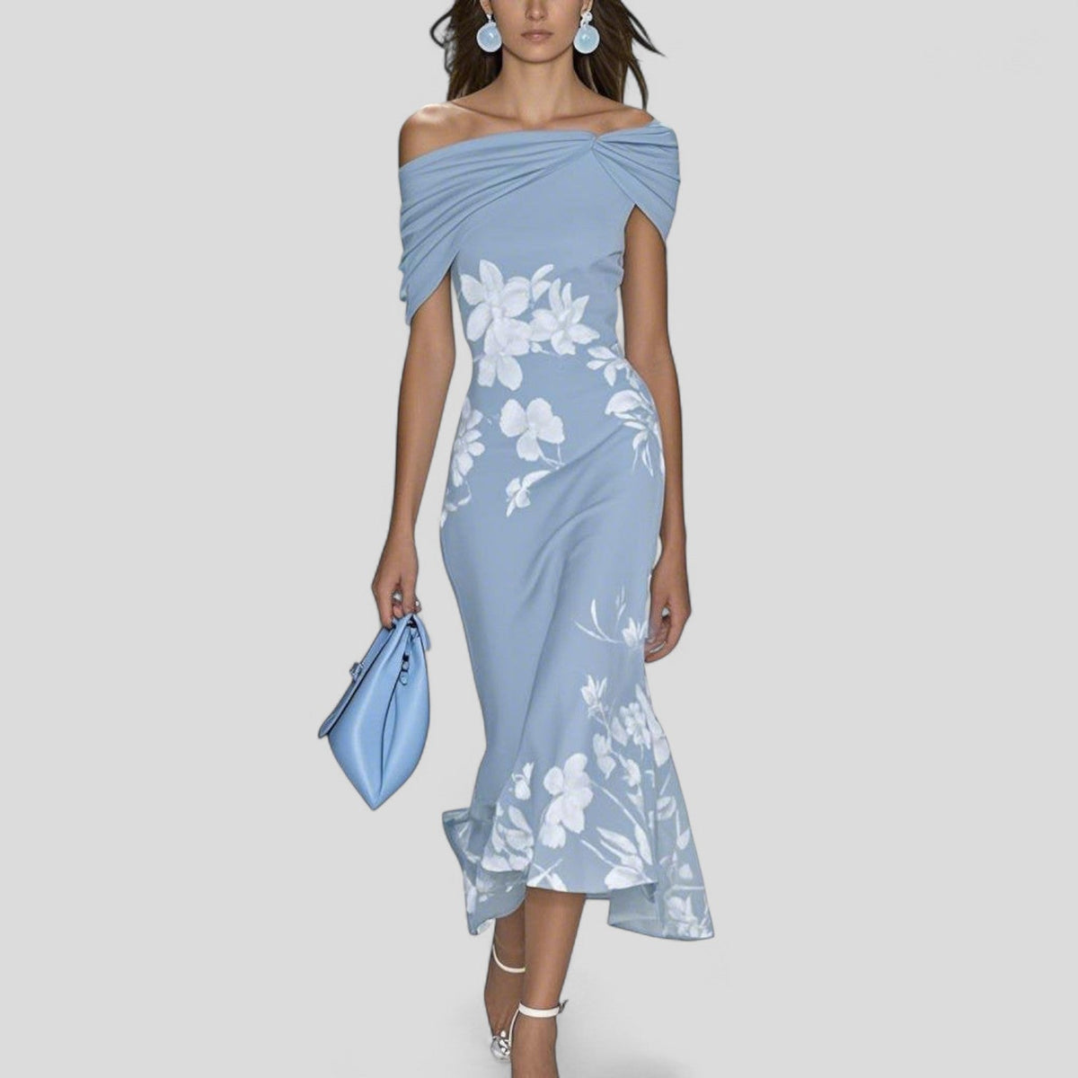 Off-Shoulder Ruched Floral Print Fishtail Hem Bodycon Midi Dress 2