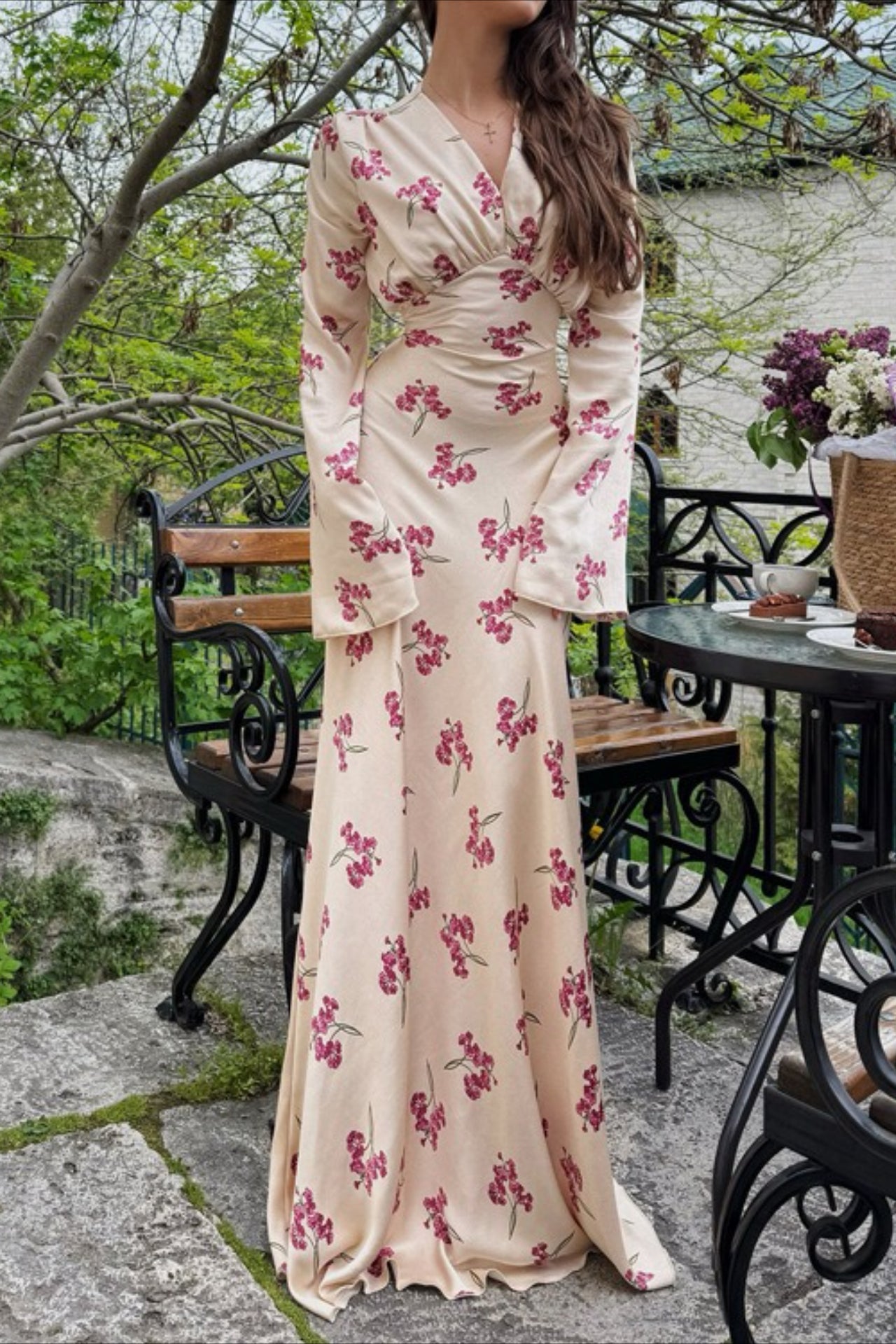 Deep V Neck Flared Sleeve Tiered Maxi Floral Print Dress 11