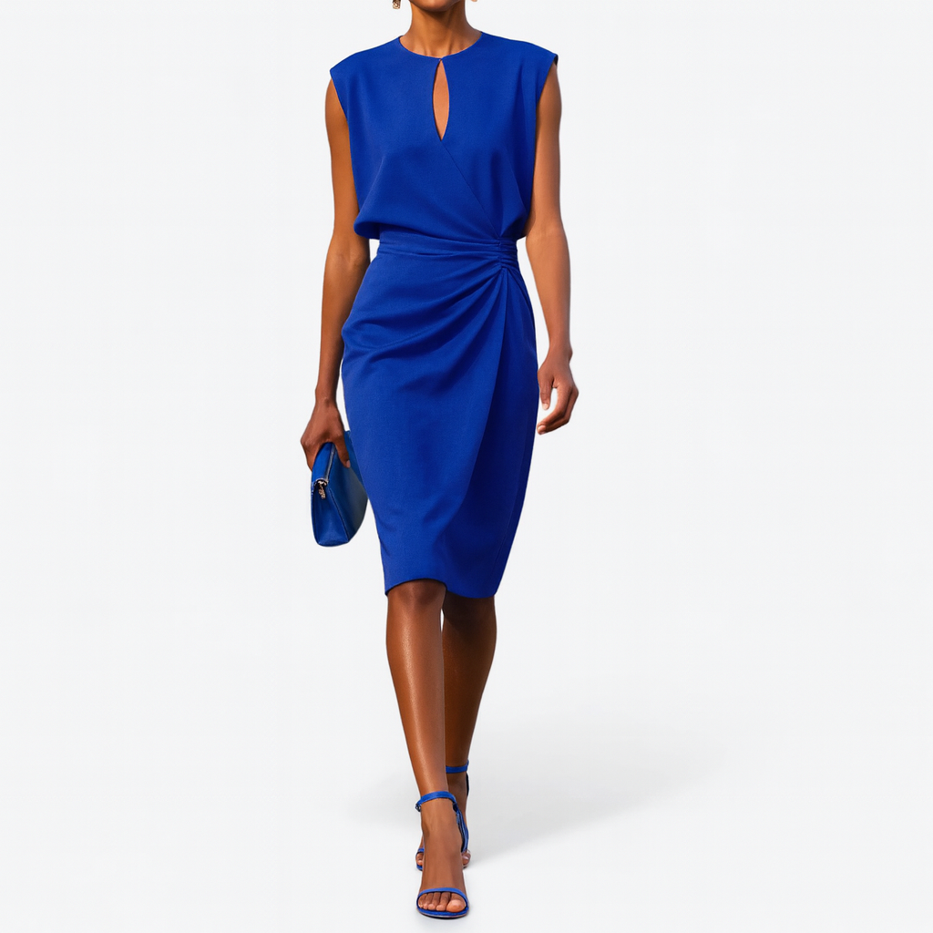 Keyhole Neck Sleeveless Ruched Twist Waist Tulip Midi Dress