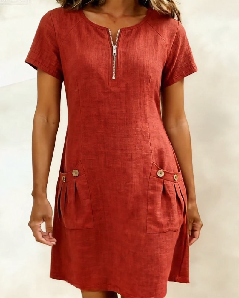 Round Neck Zip Front Short Sleeve Pocket Shift Mini Dress 2