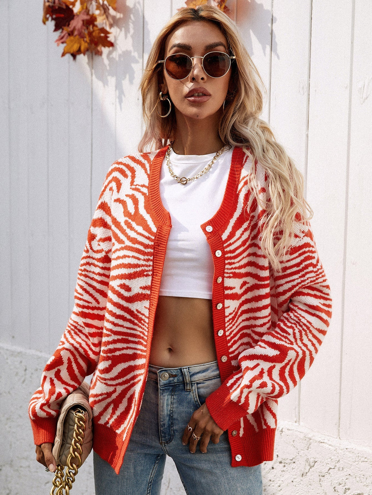 Round Neck Zebra Print Button Up Long Sleeve Knit Cardigan 4