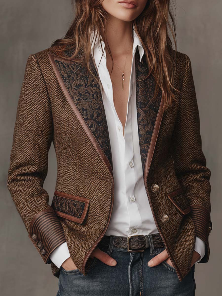 Brown Peak Lapel Herringbone Tweed Paisley Panel Leather Trim Blazer