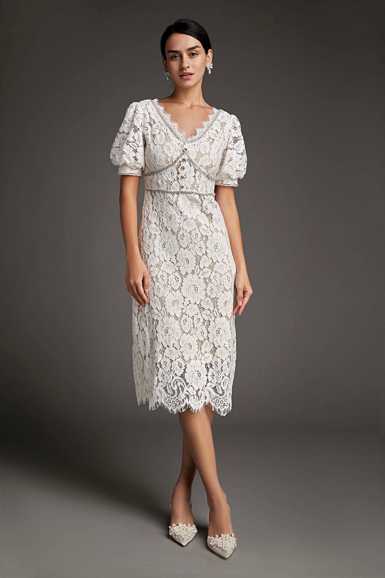 White Lace Overlay V-Neck Rhinestone Detail Midi Dress