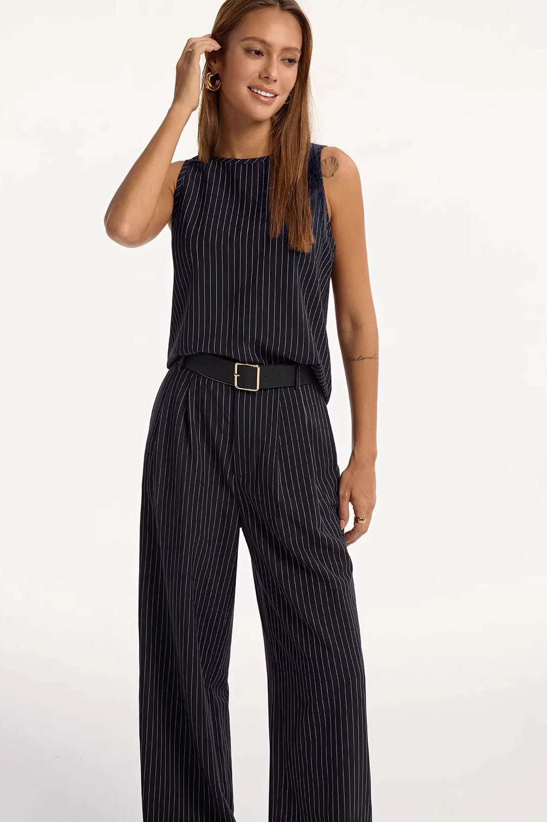 Stripe Crew Sleeveless High Waist Wide Leg Work Set