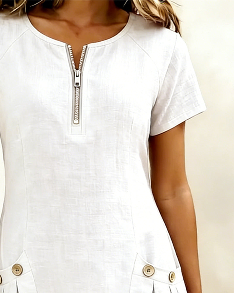 Round Neck Zip Front Short Sleeve Pocket Shift Mini Dress 10