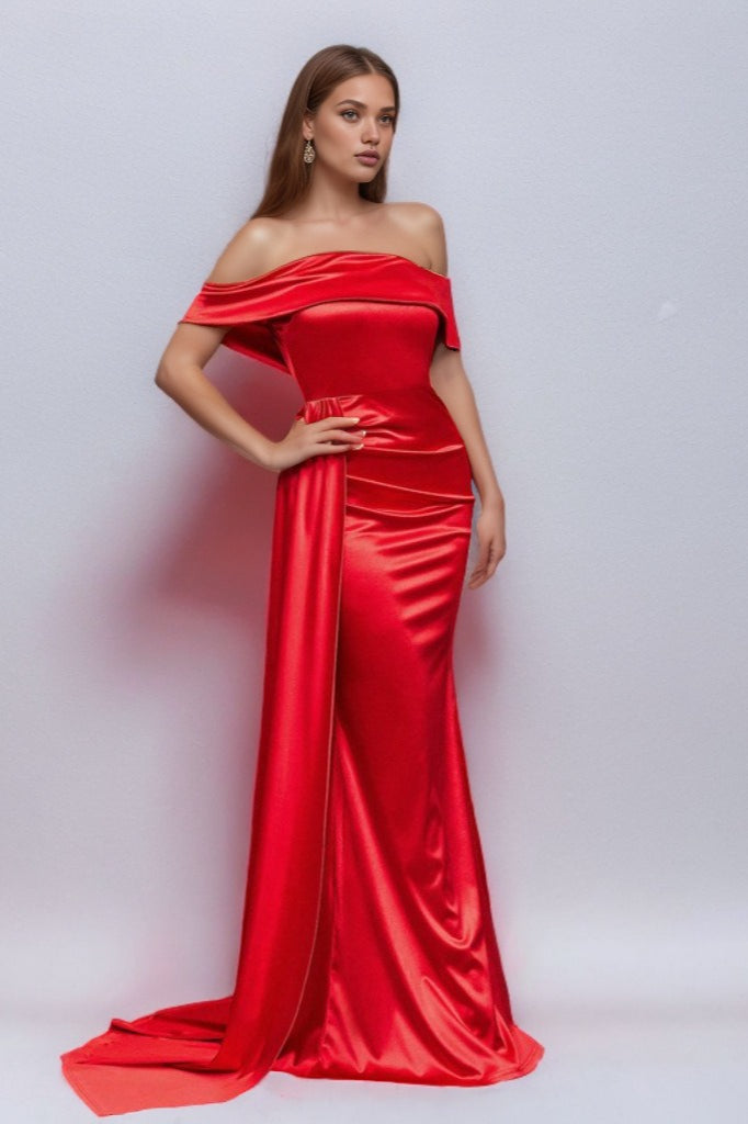 Solid Satin OffShoulder HighWaist Mermaid Silk Dress