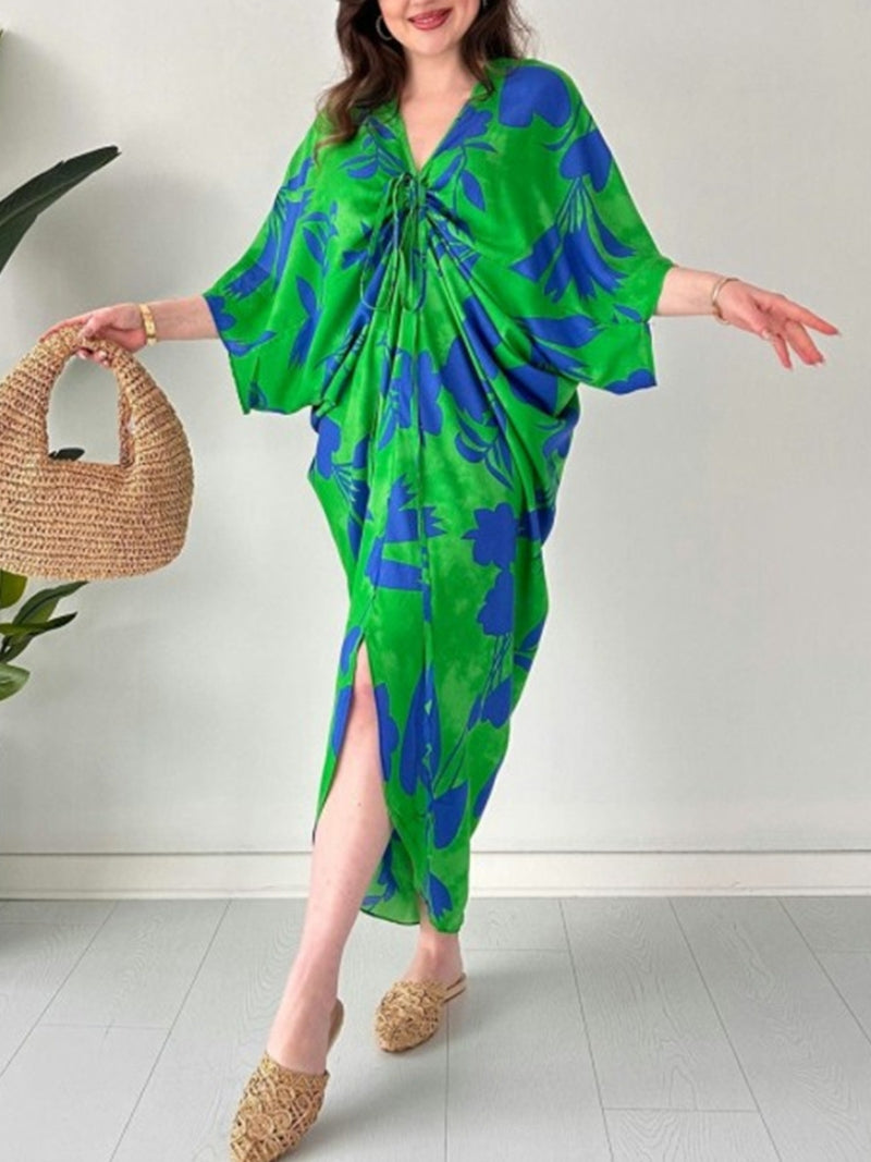 Fashion Printed Bat Sleeve V-Neck Dress