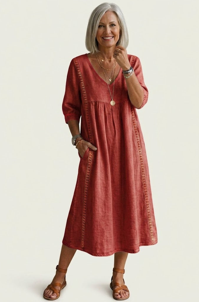 Square Neck Striped Button Long Sleeve Empire Maxi Dress