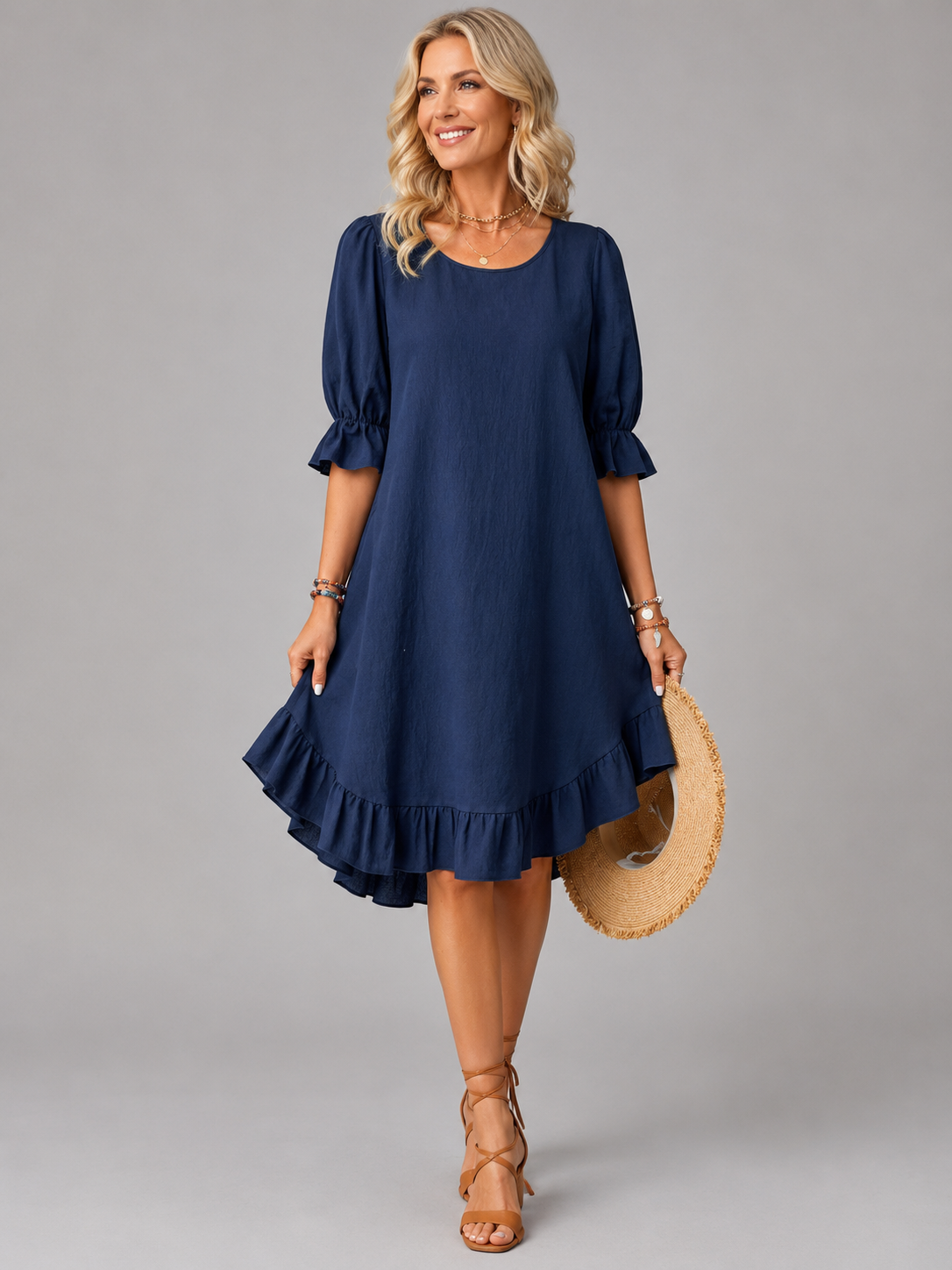Round Neck Puff Sleeve Linen Ruffle Hem A-Line Midi Dress