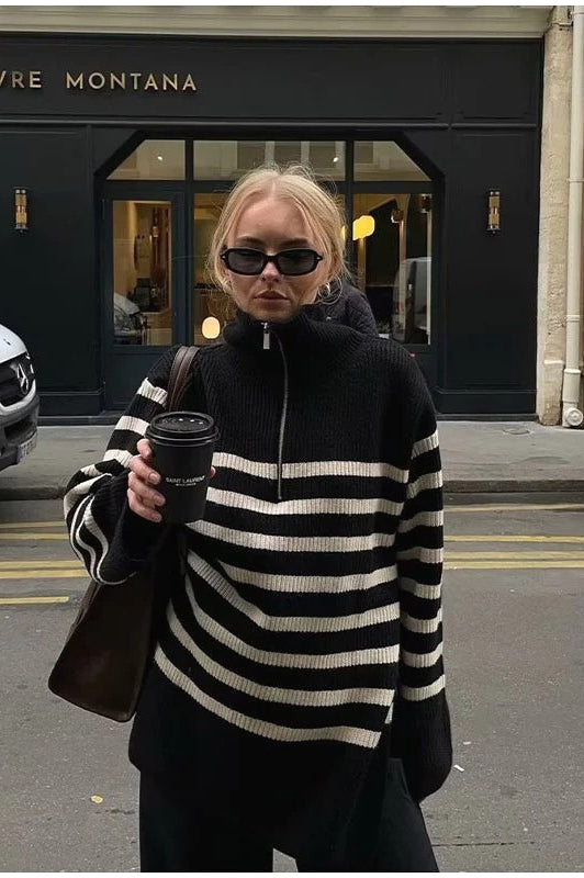Laid-back Retro Lapel Half-zip Striped Sweater