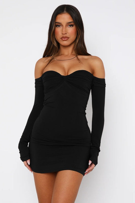 Solid OffShoulder Low Cut Ruched High Waist Elegant Cocktail Dress