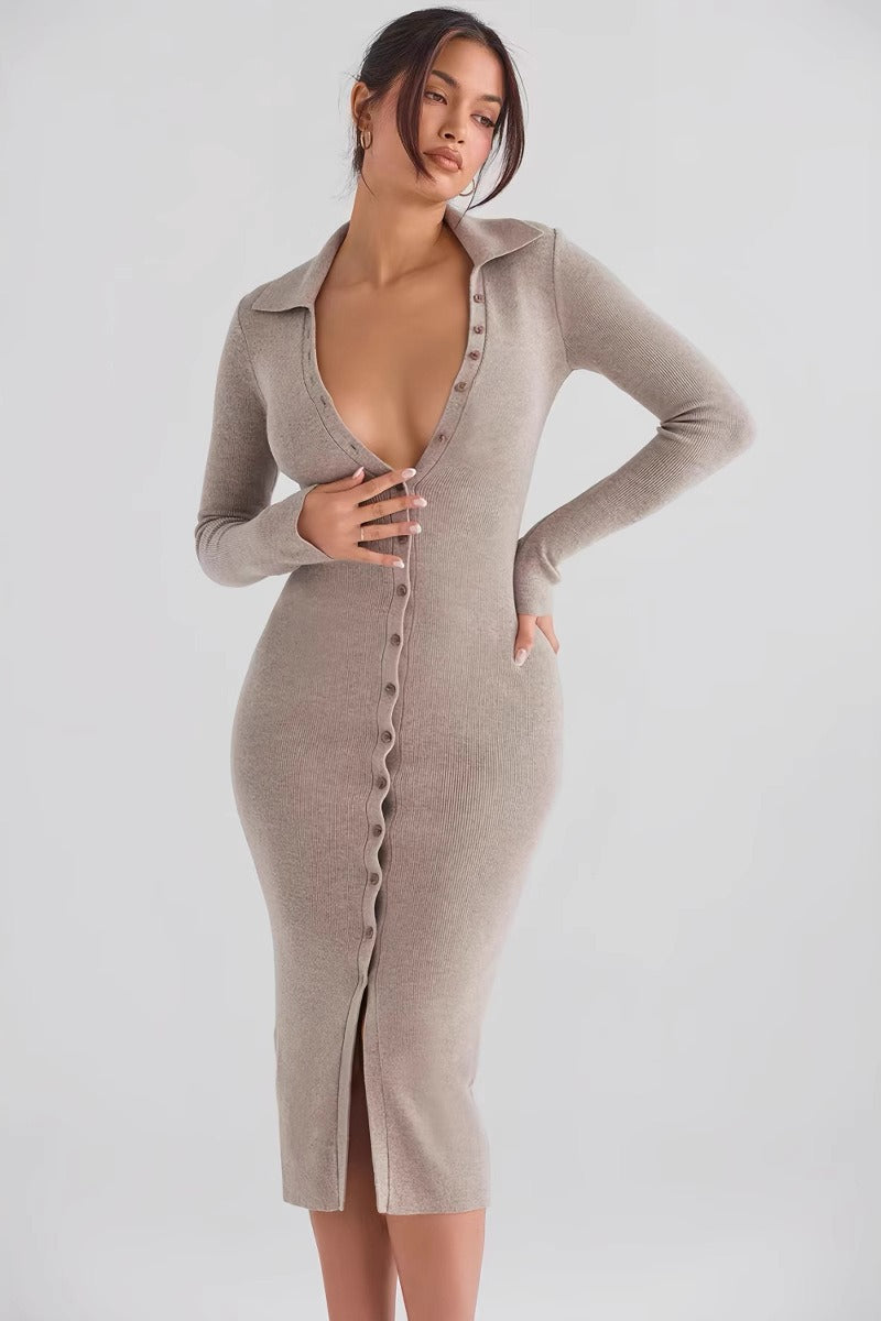 CoreSpun Yarn Knit VNeck LongSleeve Bodycon Midi Sweater Dress