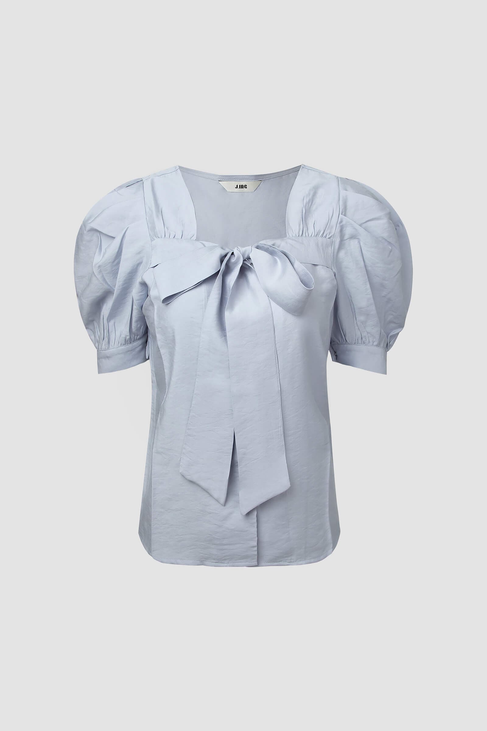 Light Steel Blue Tie Detail Puff Sleeve Blouse