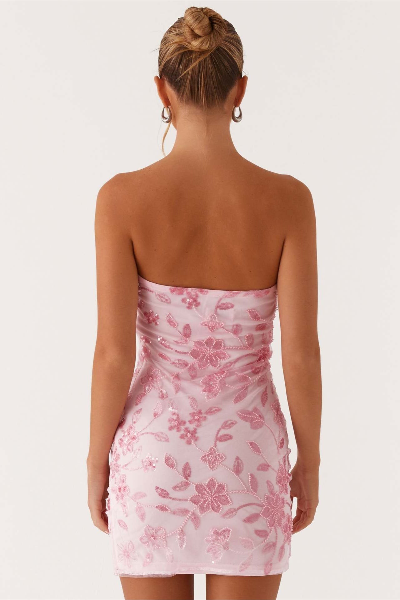 Strapless Sequin Floral Embroidered Mesh Bodycon Mini Dress 8
