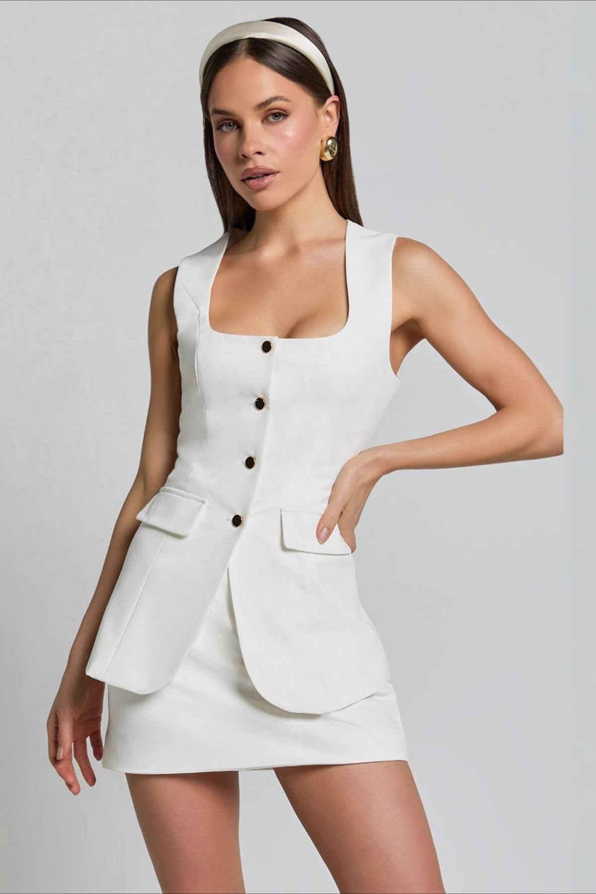 Square Neck Sleeveless Button Vest Bodycon Two Piece Work Set