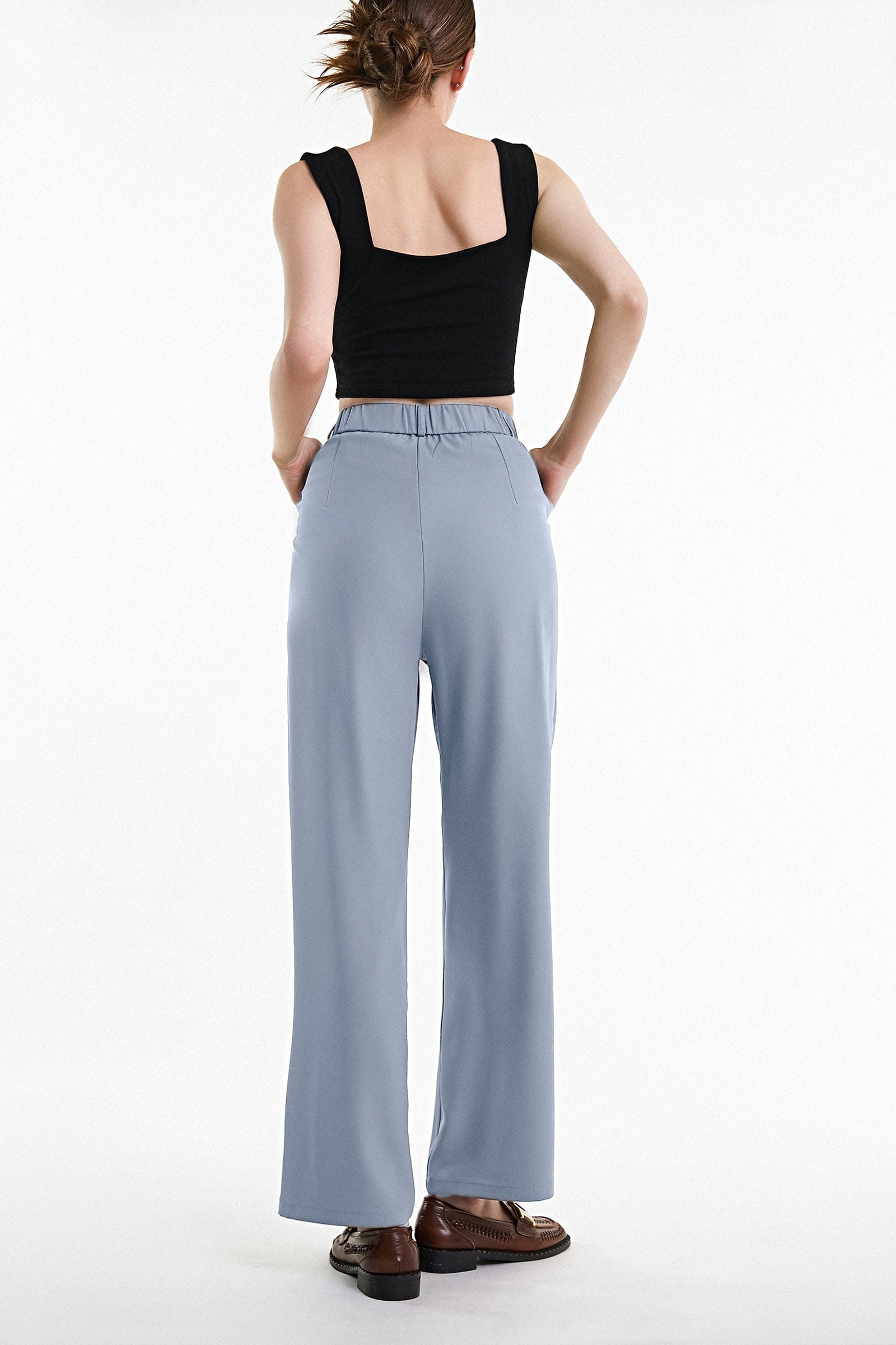 Light Steel Blue Half Elastic Pleat Detail Wide Leg Suit Pants