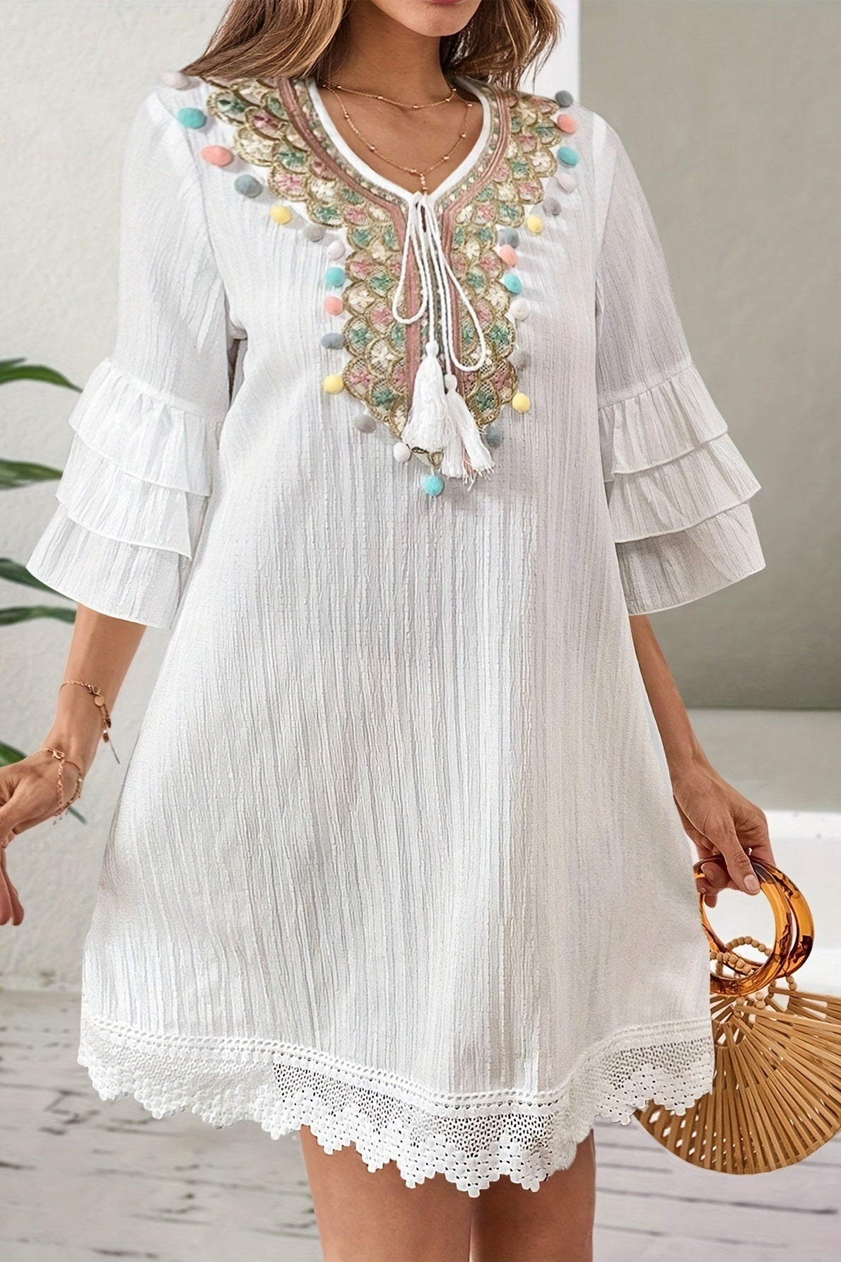 White Deep V Neck Embroidered Bib Pom Pom Trim Bell Sleeve Lace Hem Mini Dress 2