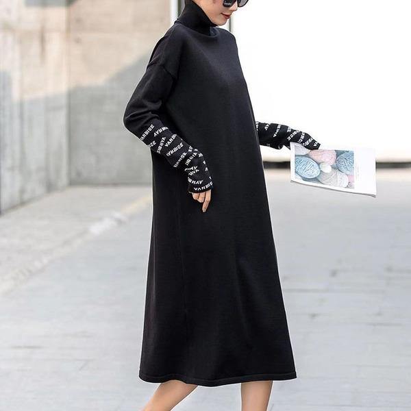 Loose Turtleneck Striped Pleated Winter Minority Elegant Style Dress