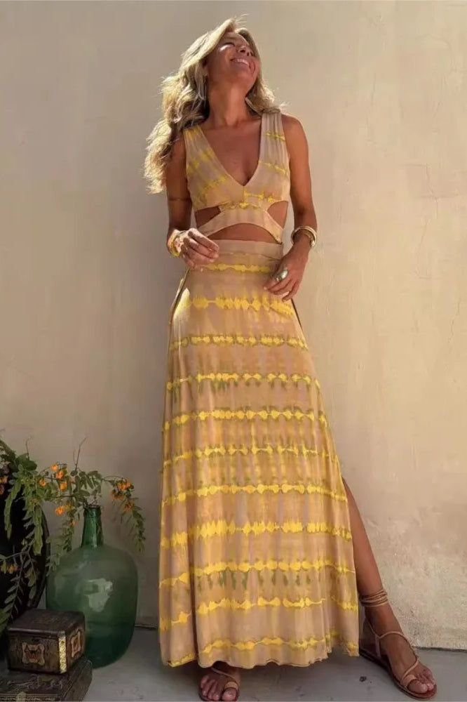 Print Slim Sleeveless V-Neck Hollow Out Maxi Dress