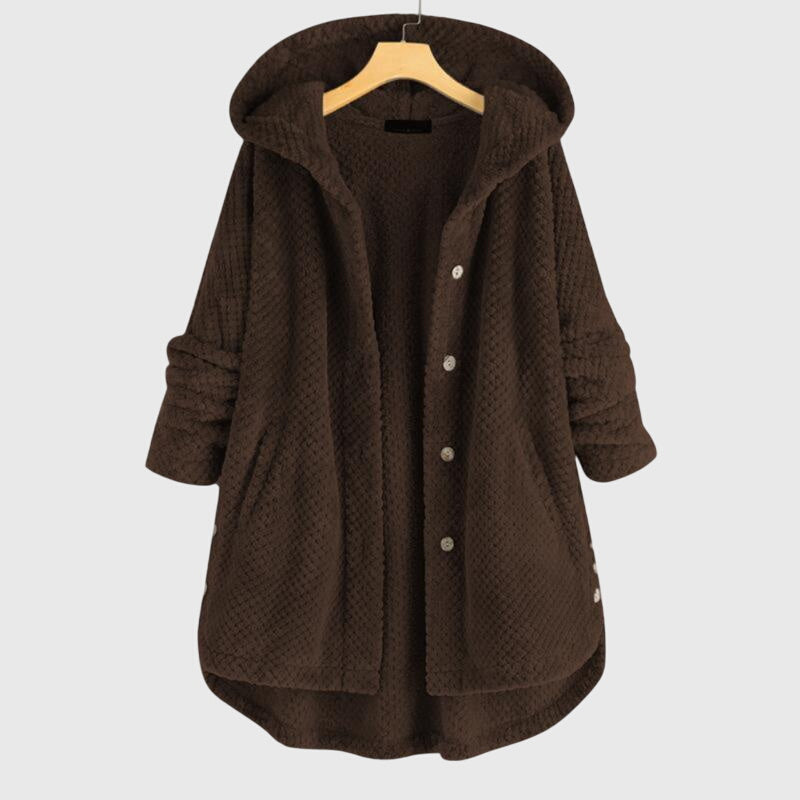 Hooded Fleece Button Front Long Sleeve High-Low Jacket