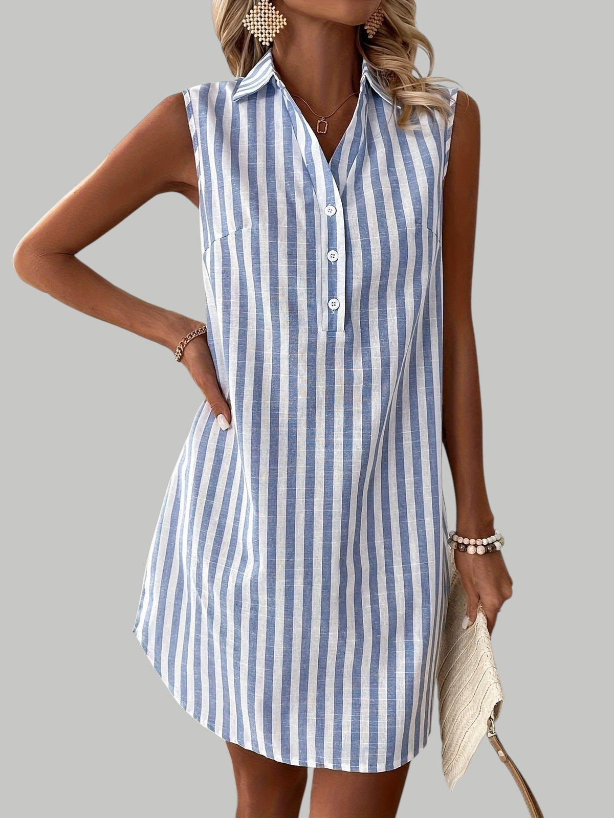 Collared Sleeveless Button Front Striped Shift Mini Dress