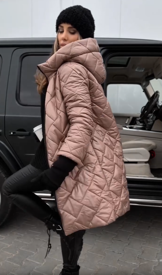 Hooded Diamond Quilted Zip-Up Longline Puffer Coat