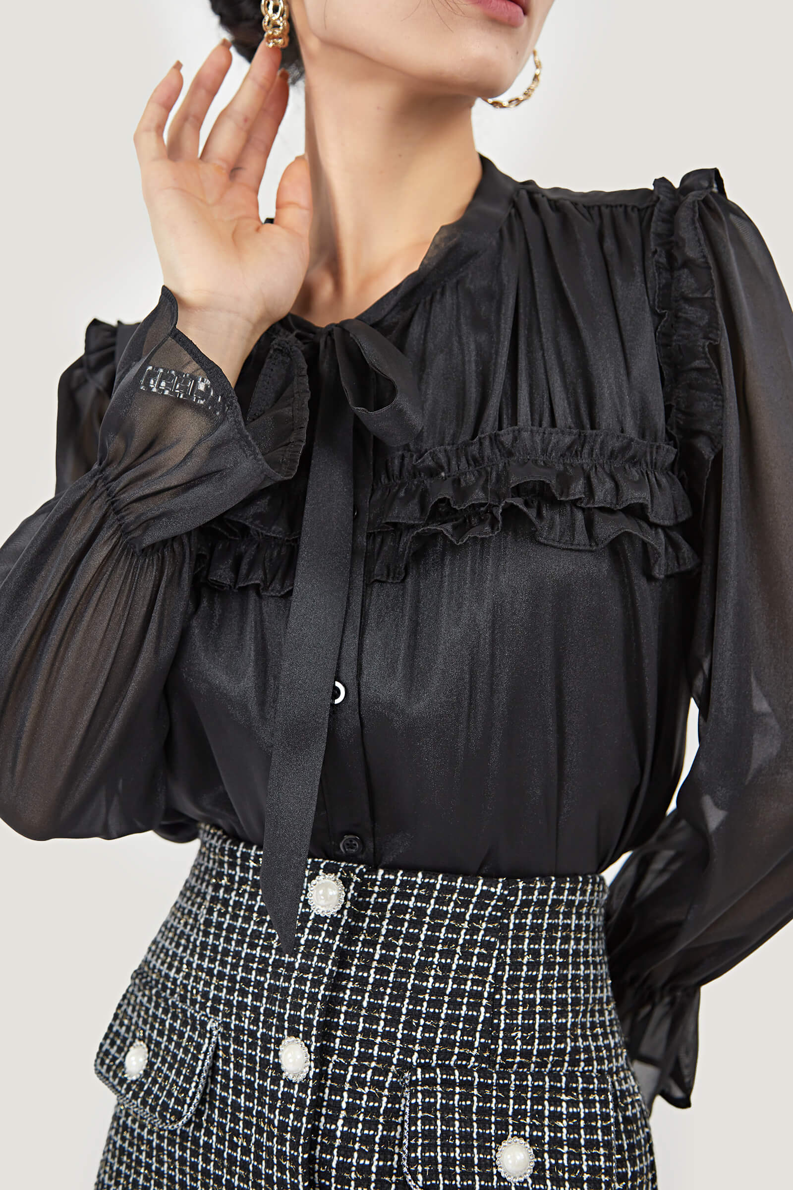 Tie-Neck Ruffle Pleated Blouse