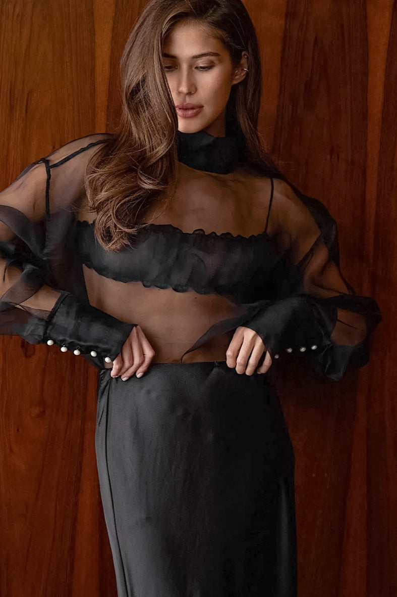 White Mesh Sheer High-Neck Long-Sleeve Blouse
