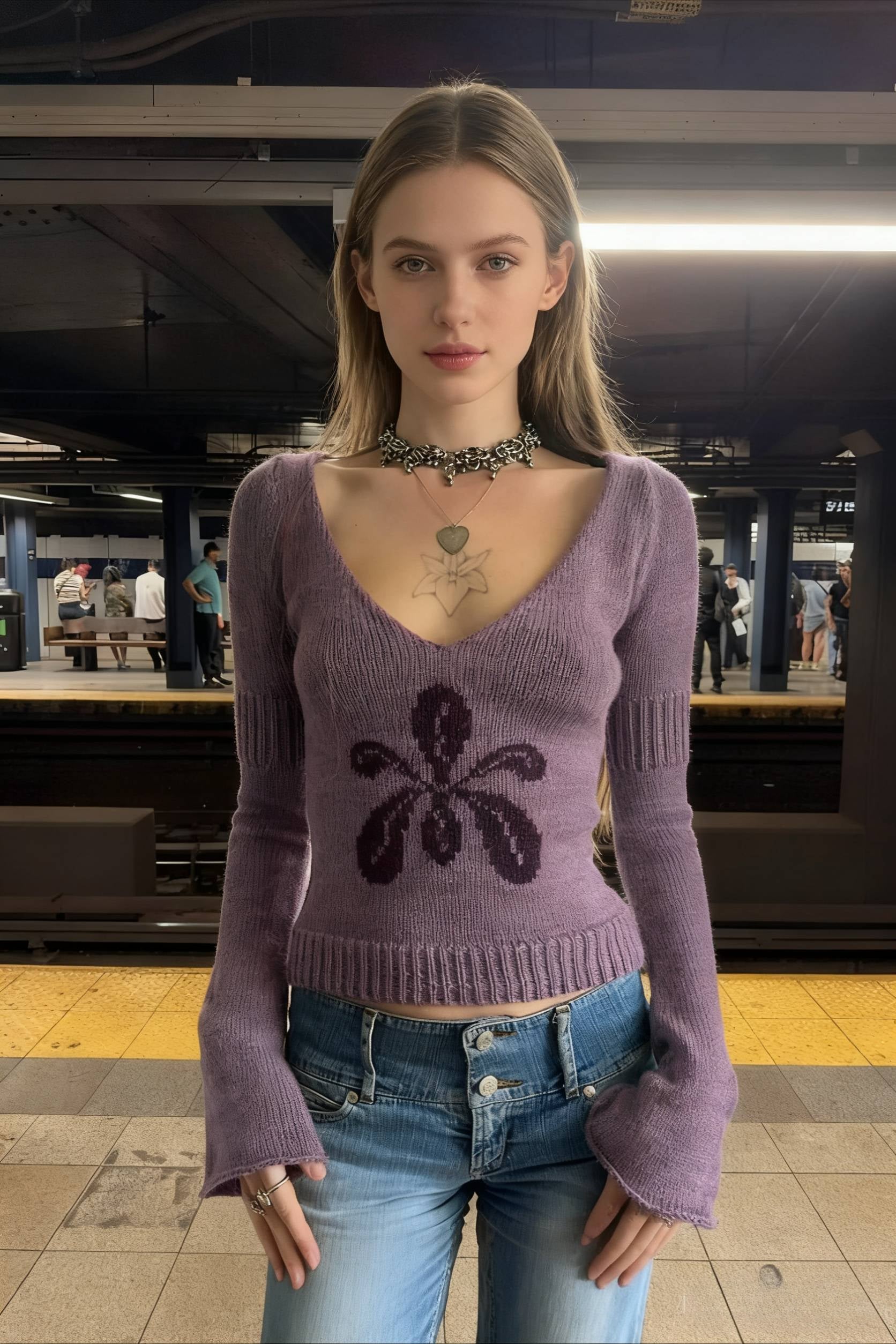 V Neck Floral Jacquard Sweater