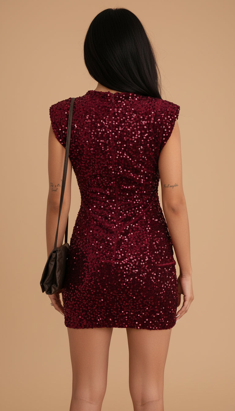 Mock Neck Sequin Cap Sleeve Bodycon Mini Dress