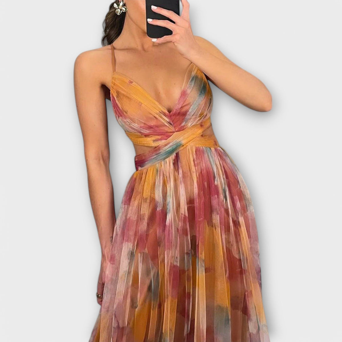 Spaghetti Strap V-Neck Watercolor Floral Tulle High Slit Maxi Gown 5