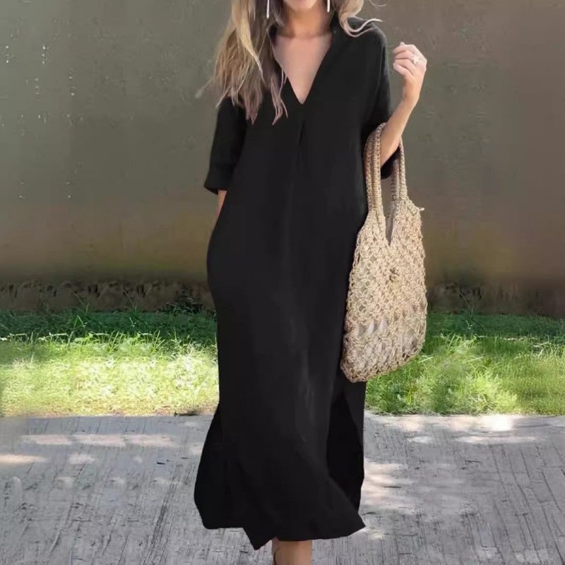 V-Neck Half Sleeve Linen Side-Slit Oversized Shift Maxi Dress 3