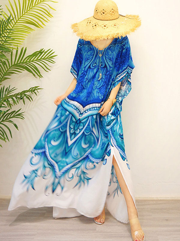 Blue V-Neck Baroque Print Batwing Sleeve Side Slit Kaftan Maxi Dress