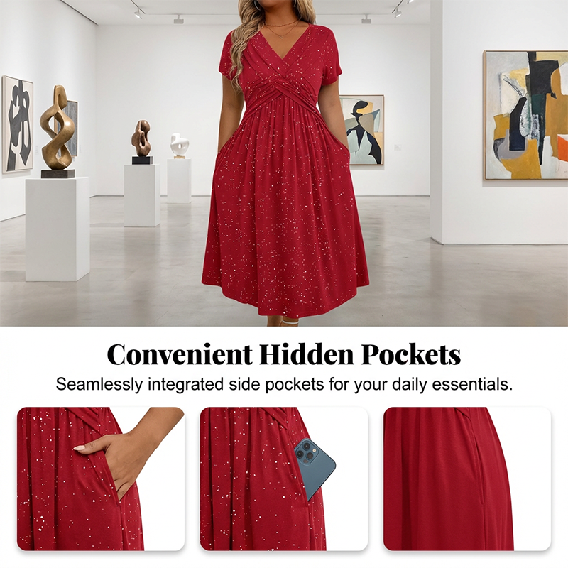 Surplice V-Neck Twist Front Short Sleeve Glitter A-Line Maxi Dress