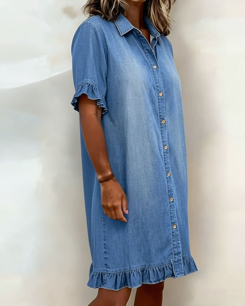 Collared Ruffle Cuff Ruffle Hem Denim Shirt Dress 5