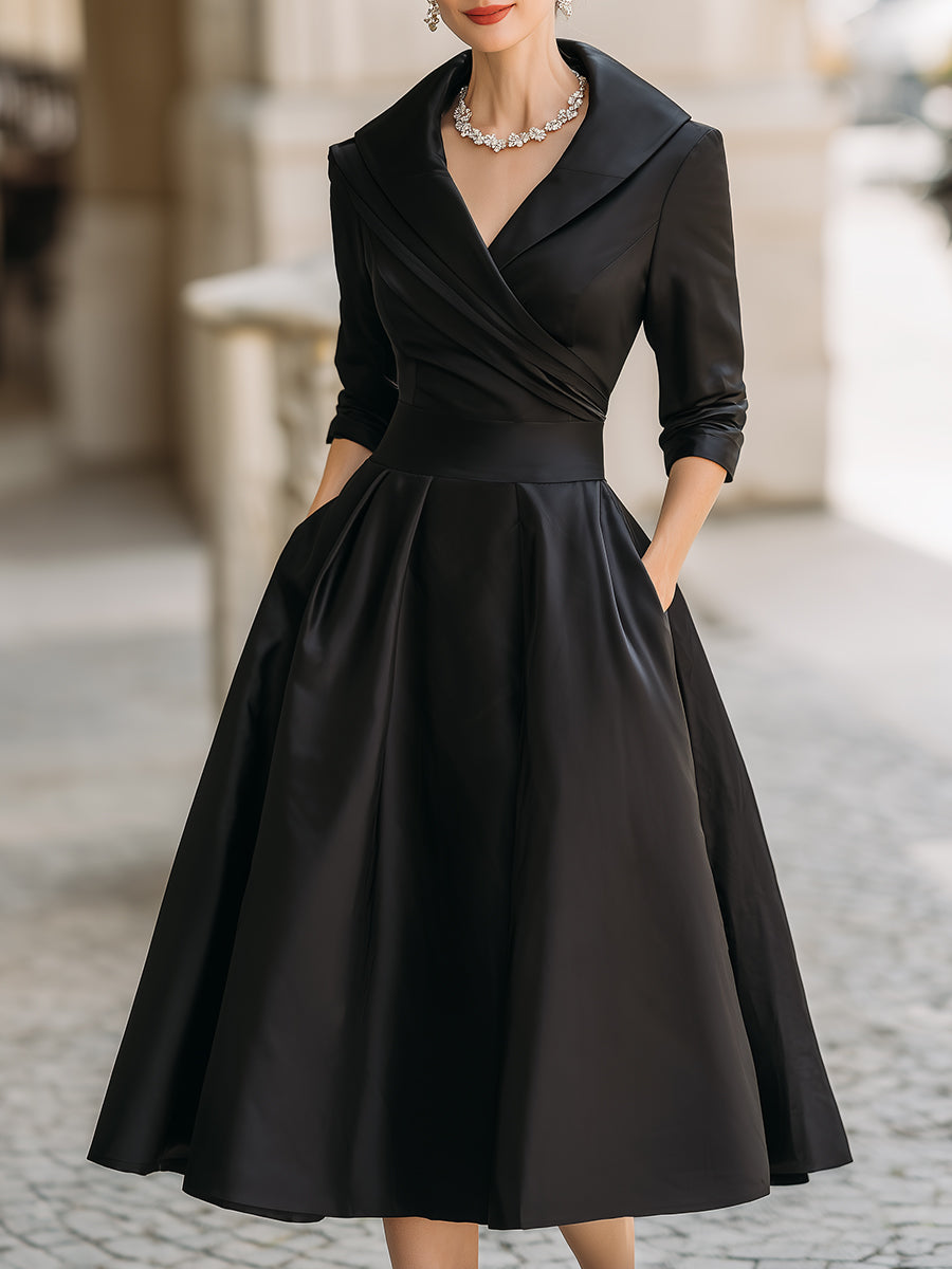 Shawl Collar Surplice Satin Pleated A-Line Midi Dress