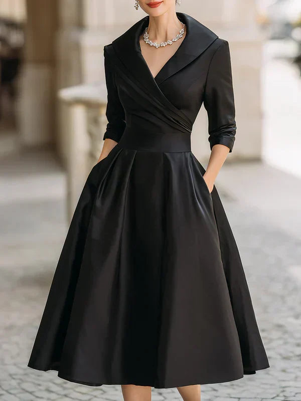 Lapel Collar Satin Three-Quarter Sleeve Ruched Waist A-Line Midi Dress