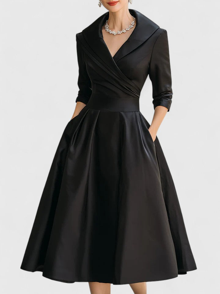 Shawl Collar Wrap Ruched Satin Long Sleeve A-Line Midi Dress