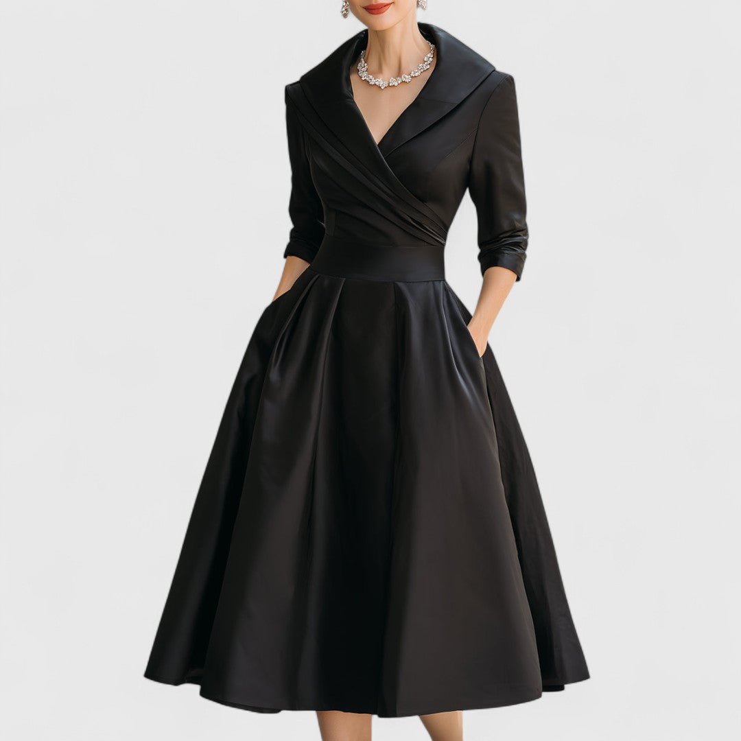 Shawl Collar Surplice V-Neck Satin Pleated A-Line Midi Dress