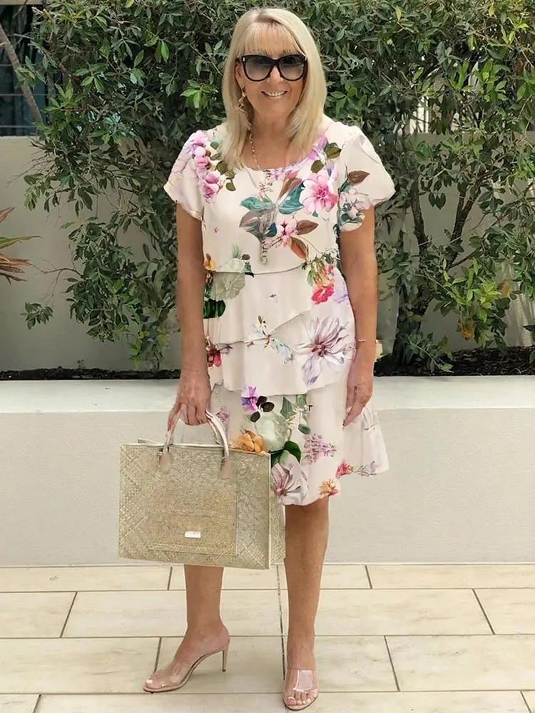 Round Neck Floral Puff Sleeve Tiered Ruffle A-Line Midi Dress